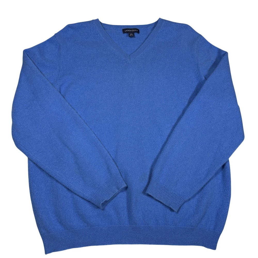 Lands End Mens Blue 100% Cashmere V-Neck Sweater Size Large 14-16